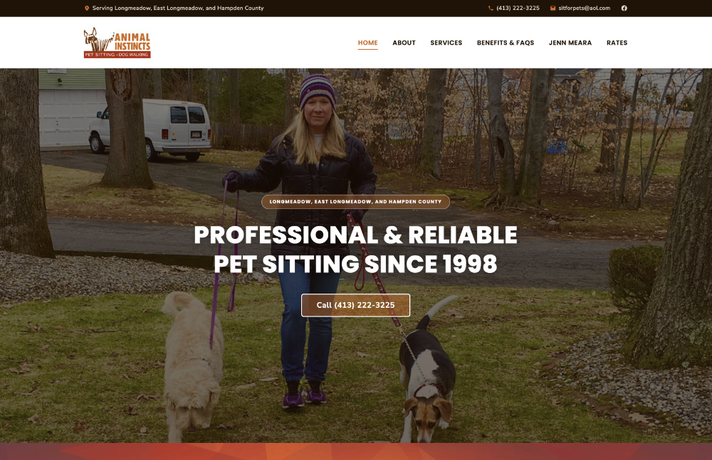 Animal Instincts pet sitting and dog walking website, Longmeadow MA