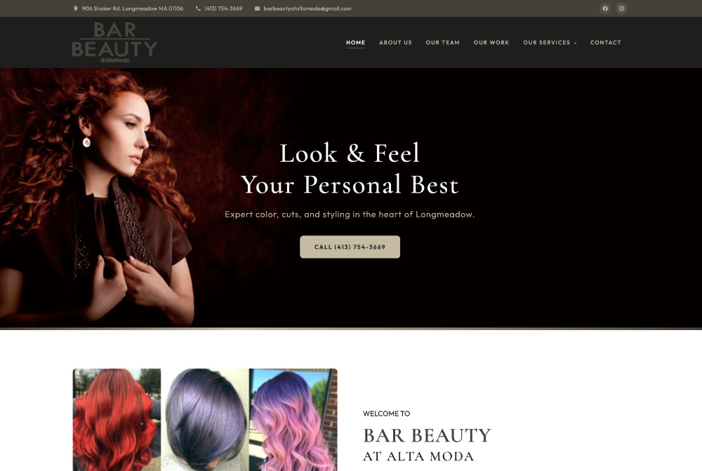 Bar Beauty at Alta Moda hair salon website, Longmeadow MA
